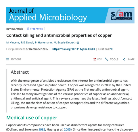 Contact killing and antimicrobial properties of copper
