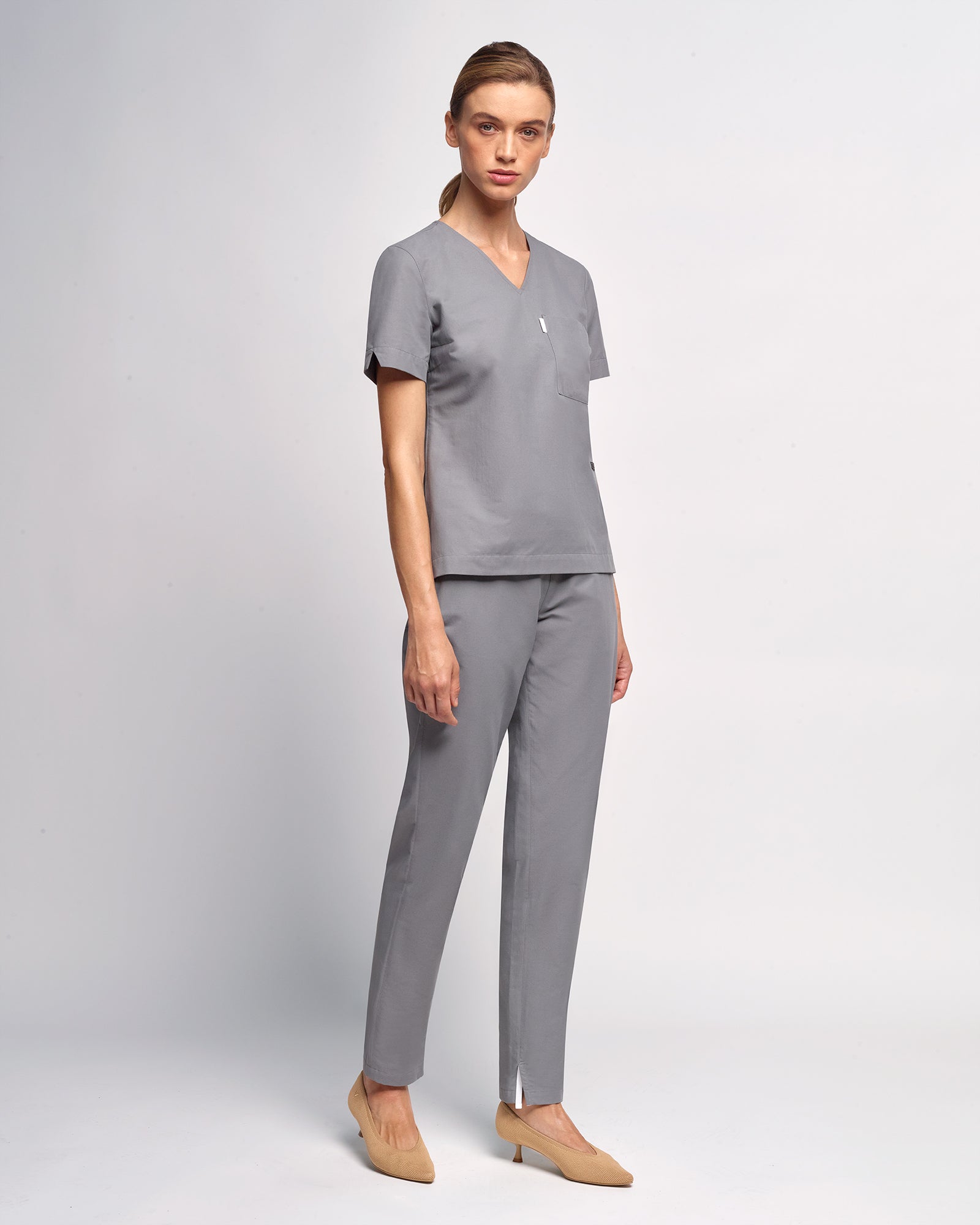 Women's V-neck Office Scrub Top | Woven Stretch