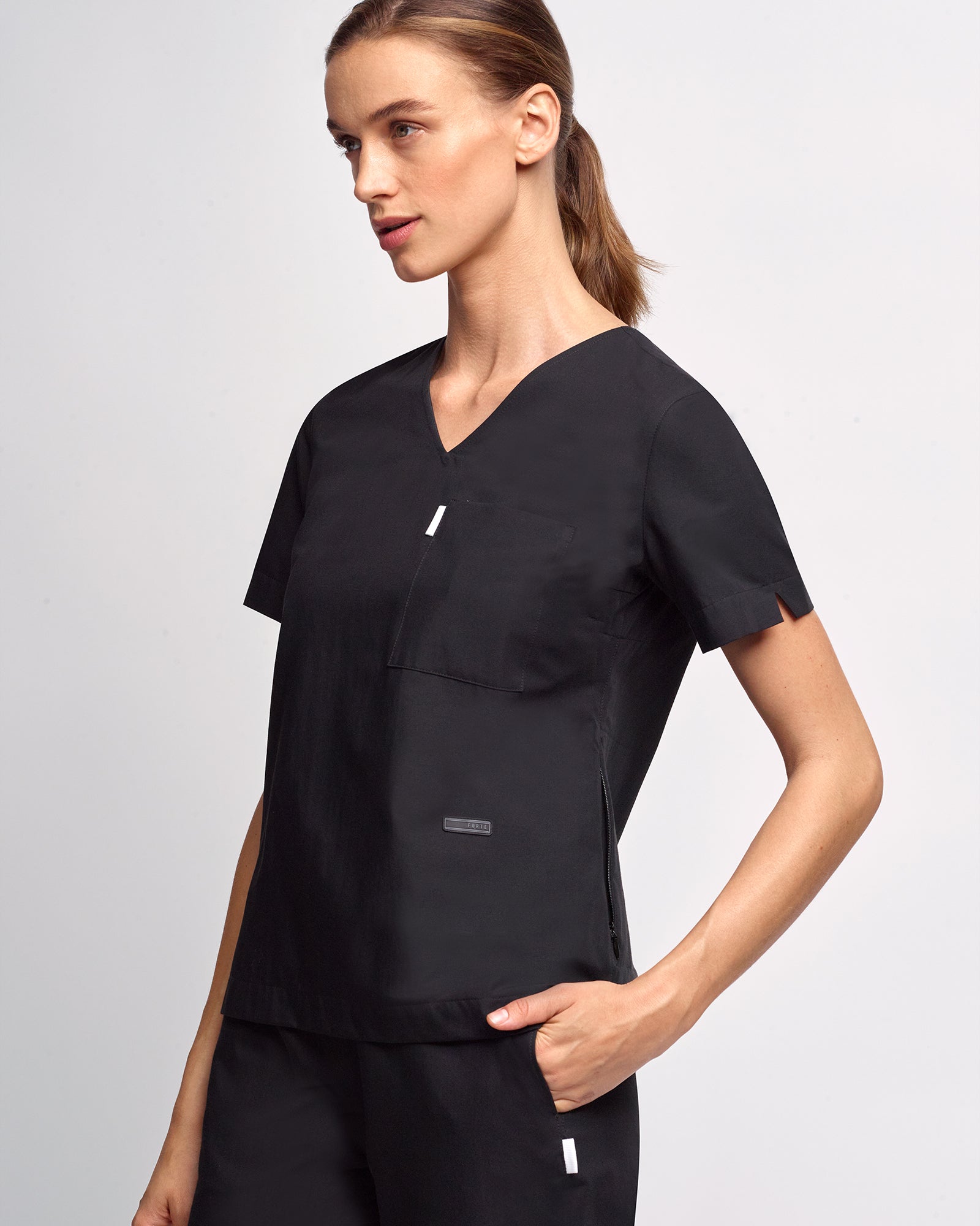 Women's V-neck Office Scrub Top | Woven Stretch