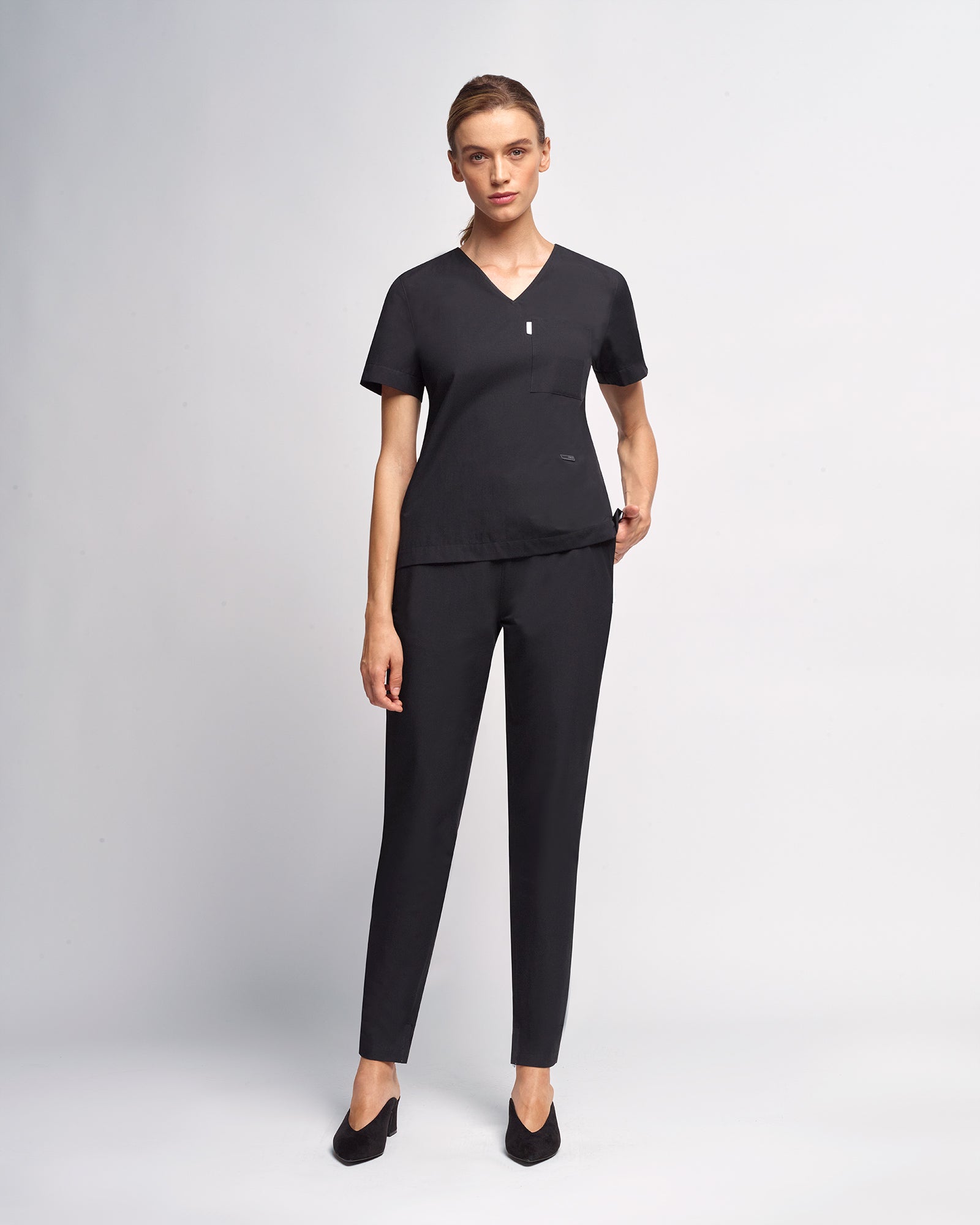 Women's V-neck Office Scrub Top | Woven Stretch