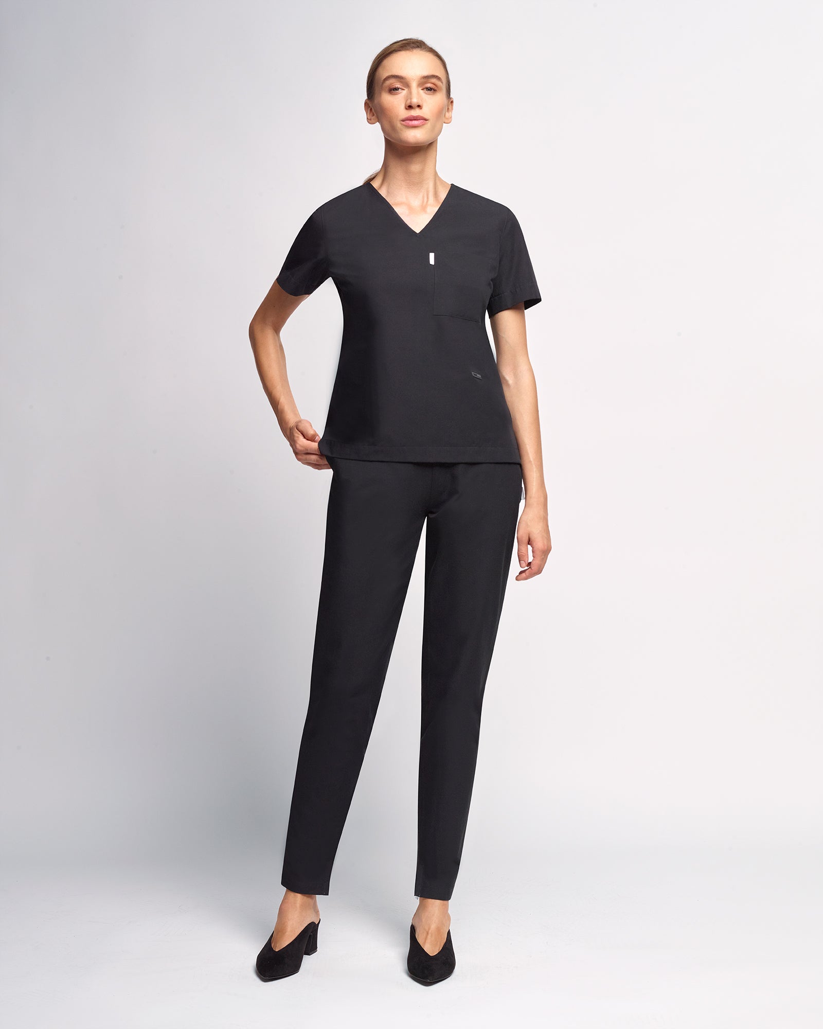 Women's V-neck Office Scrub Top | Woven Stretch