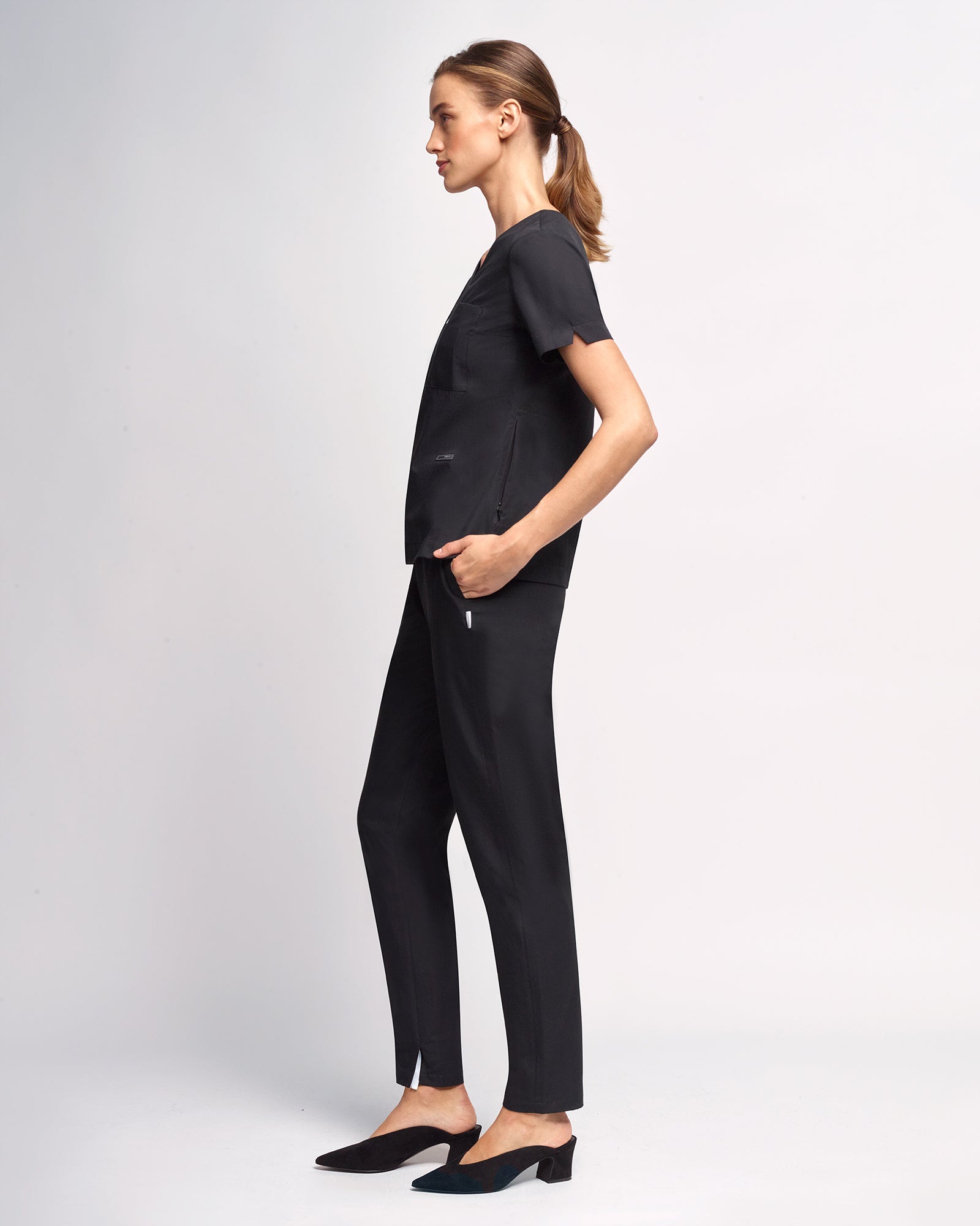 Women's V-neck Office Scrub Top | Woven Stretch