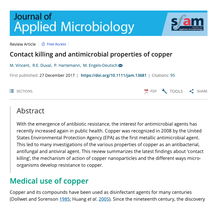 Contact killing and antimicrobial properties of copper