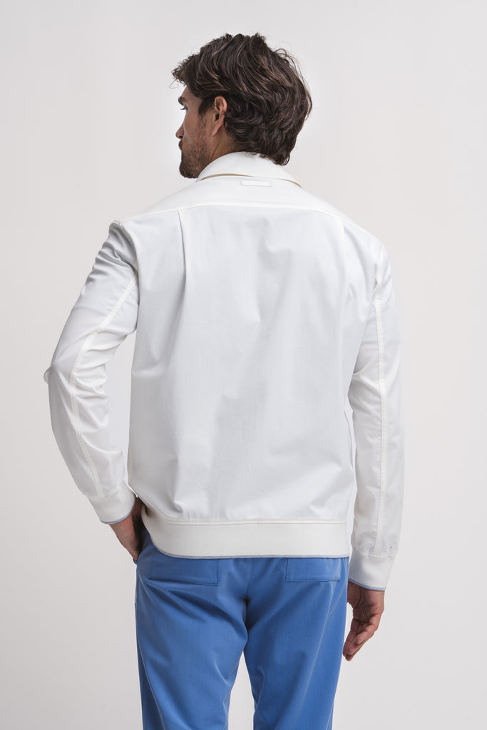 Back view of men’s cotton doctor’s Balmacaan collar jacket – breathable and professional
