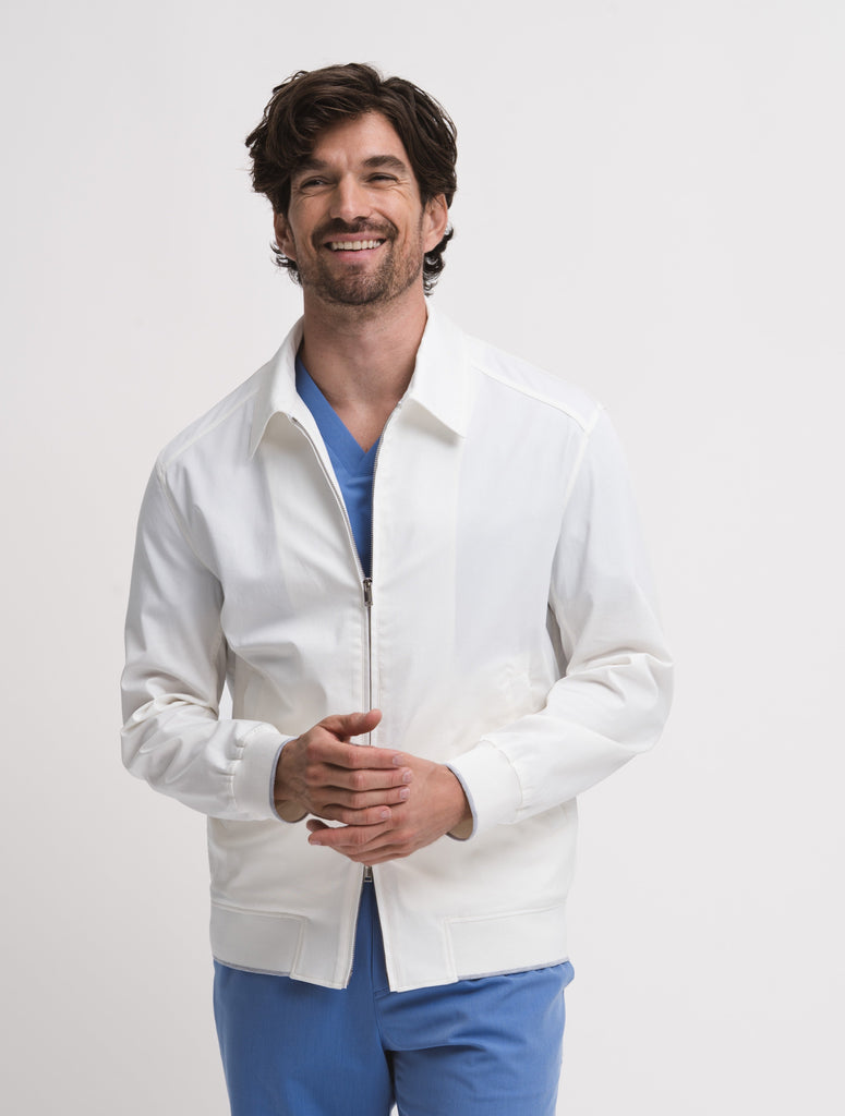 Front view of men’s lightweight cotton doctor jacket with Balmacaan collar – medical lab coat