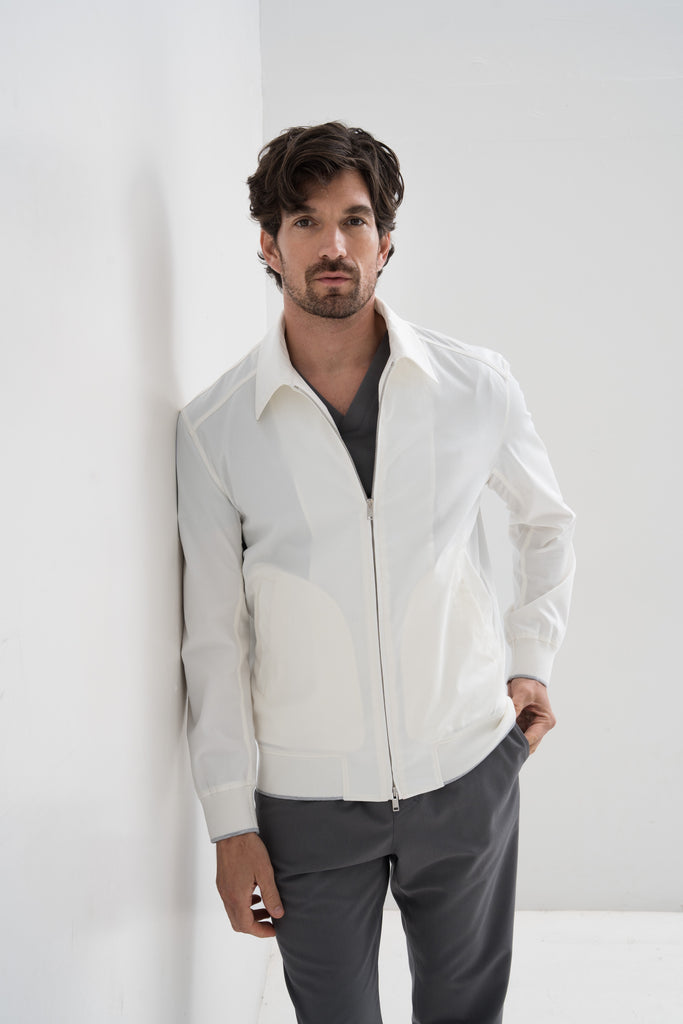 Half body view of men’s professional cotton doctor jacket – Balmacaan collar design