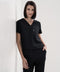 Women's scrub pant in black, styled half body view.