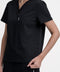 Close-up detail of the women's V-neck scrub top in black.