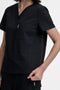 Close-up detail of the women's V-neck scrub top in black.