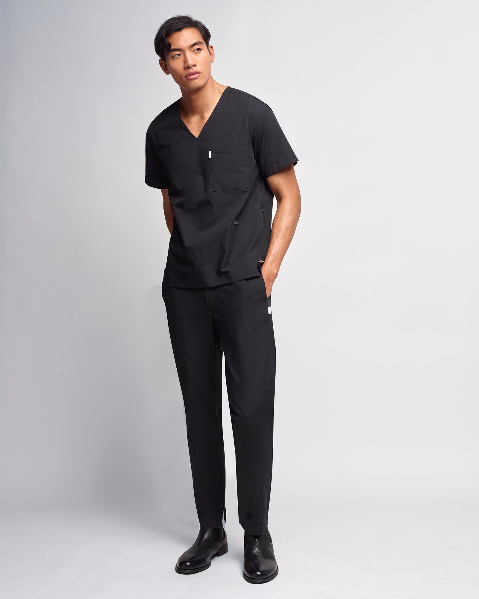 Men's V-neck Office Scrub Top | Woven Stretch